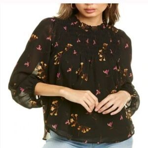 Madewell Women’s Black Multi Floral Print Smocked Georgette Top Sz-S
